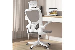 Monhey Office Chair, Ergonomic Office Chair, Home Office Desk Chairs with Lumbar Support, 3D Headrest and Flip Up Arms, Rockable Swivel Computer Chair Grey Mesh Chair for Home Office