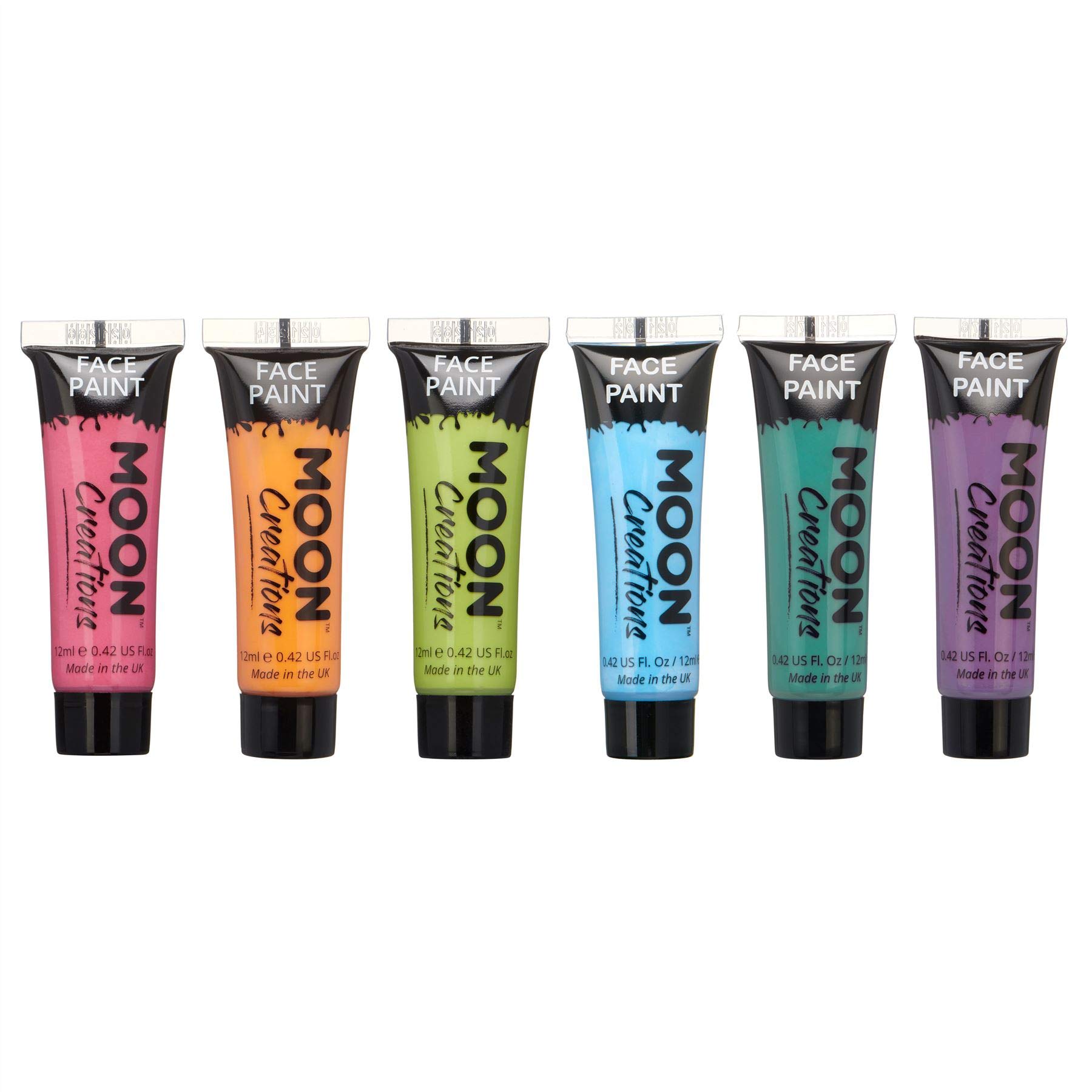 Moon Creations Face & Body Paint Tubes | Brights Set | 12ml | Ready to Use, No Flake, Cruelty Free, Made in UK | Face Paint for Kids, Adults, Fancy Dress, Festivals, Halloween & More
