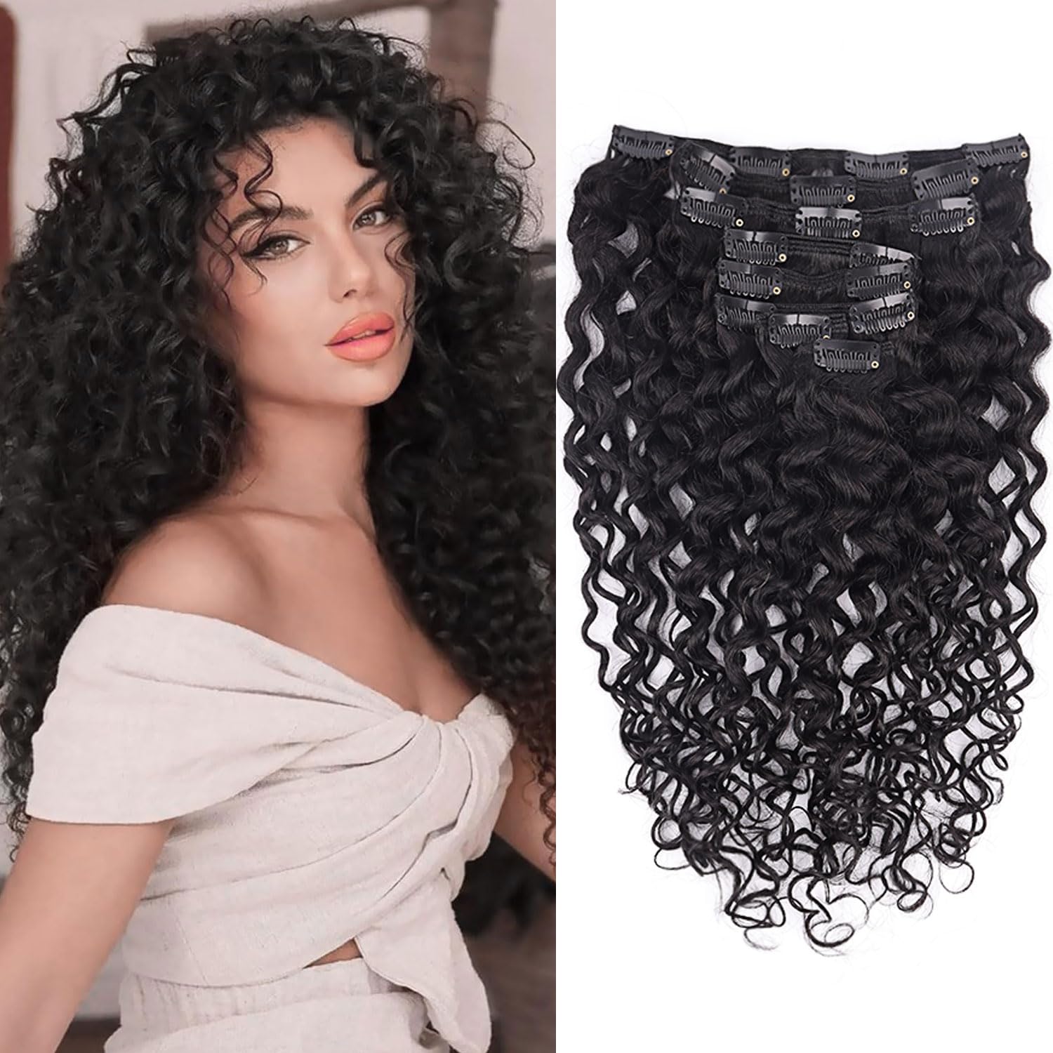 Wepwcod Curly Clip in Hair Extensions Real Human Hair 8Pcs With 18 Clips Clip in Hair Extensions for Women Curly Clip ins Soft & Natural 120g (Natural Black-JC, 18 inch)