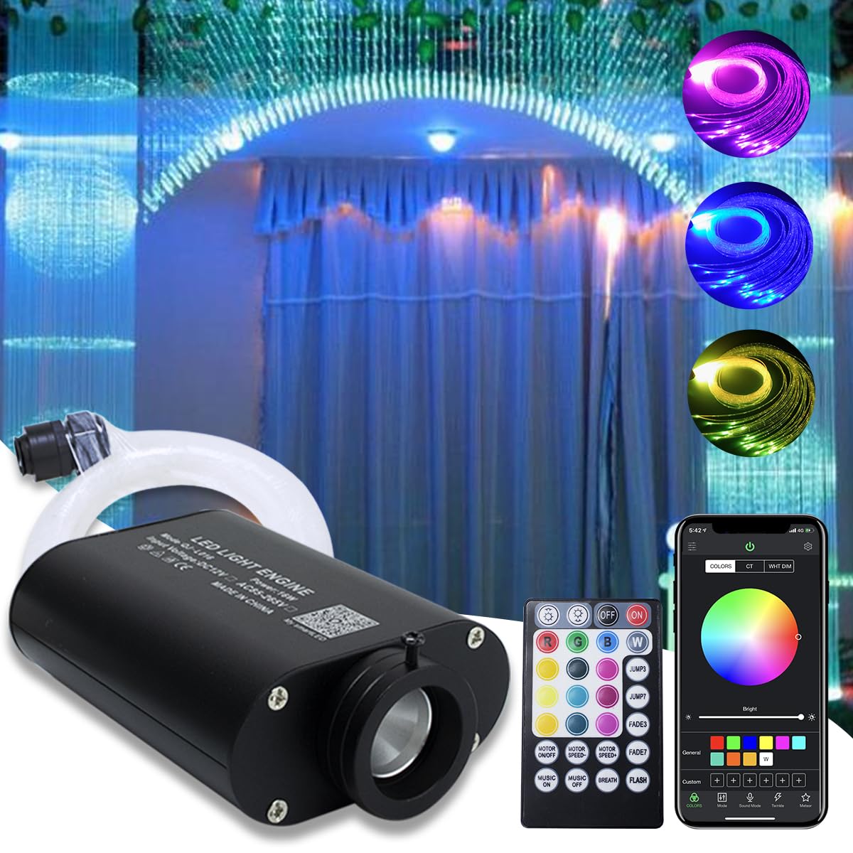 Kingmaled 16W RGBW APP Fiber Optic Star Ceiling Kit Car Home Use, Music Activated Light Engine+28Keys remote Controll Create Atmosphere Full of Romantic and Rhythm[335pcs Mixed Cable 3m]