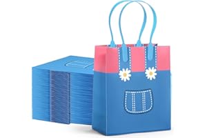 Sadnyy 24 Pcs English Teacher Gift Bags Birthday Party Favors Goodie Bags with Handles Girls Party Decorations Pink Blue Overalls Pattern Cartoon for Birthday Classroom Decor Baby Shower