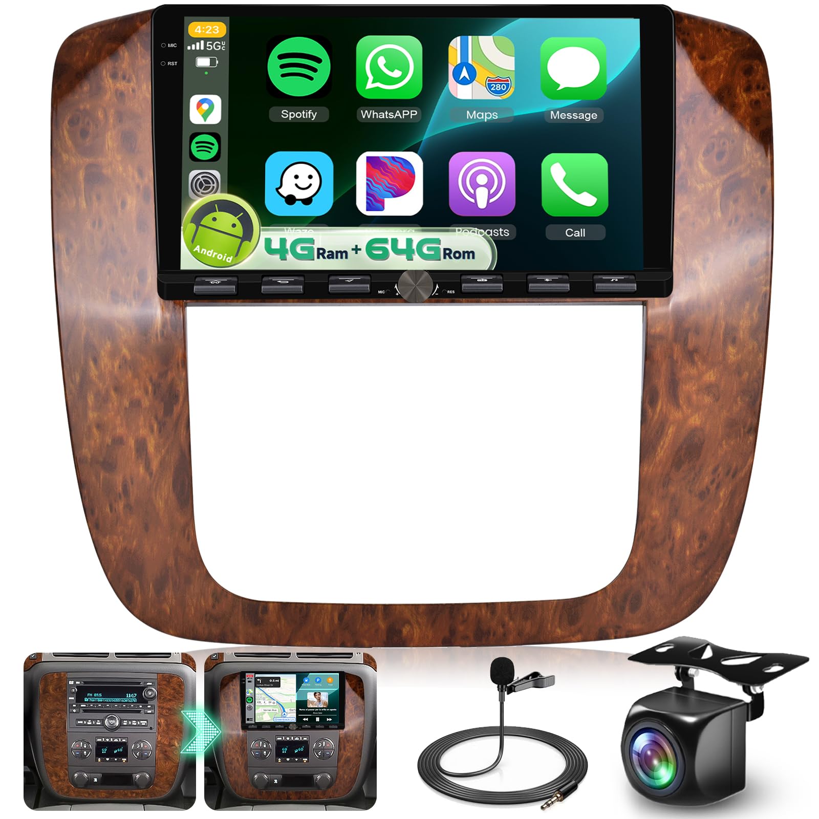 Photo 1 of 8 Core 4G+64G Car Radio for GMC Yukon Tahoe Suburban Chevy Silverado 2007-2013 Android Stereo Upgrade Head Unit with 5G WiFi DSP Carplay Android Auto, 9" 1280P Touch Screen Radio Bluetooth 5.0 Camera