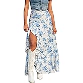 Womens Boho Flowy Floral Maxi Skirts 2025 High Waisted A Line Skirt Summer Casual Ruffle Skirt with Slit