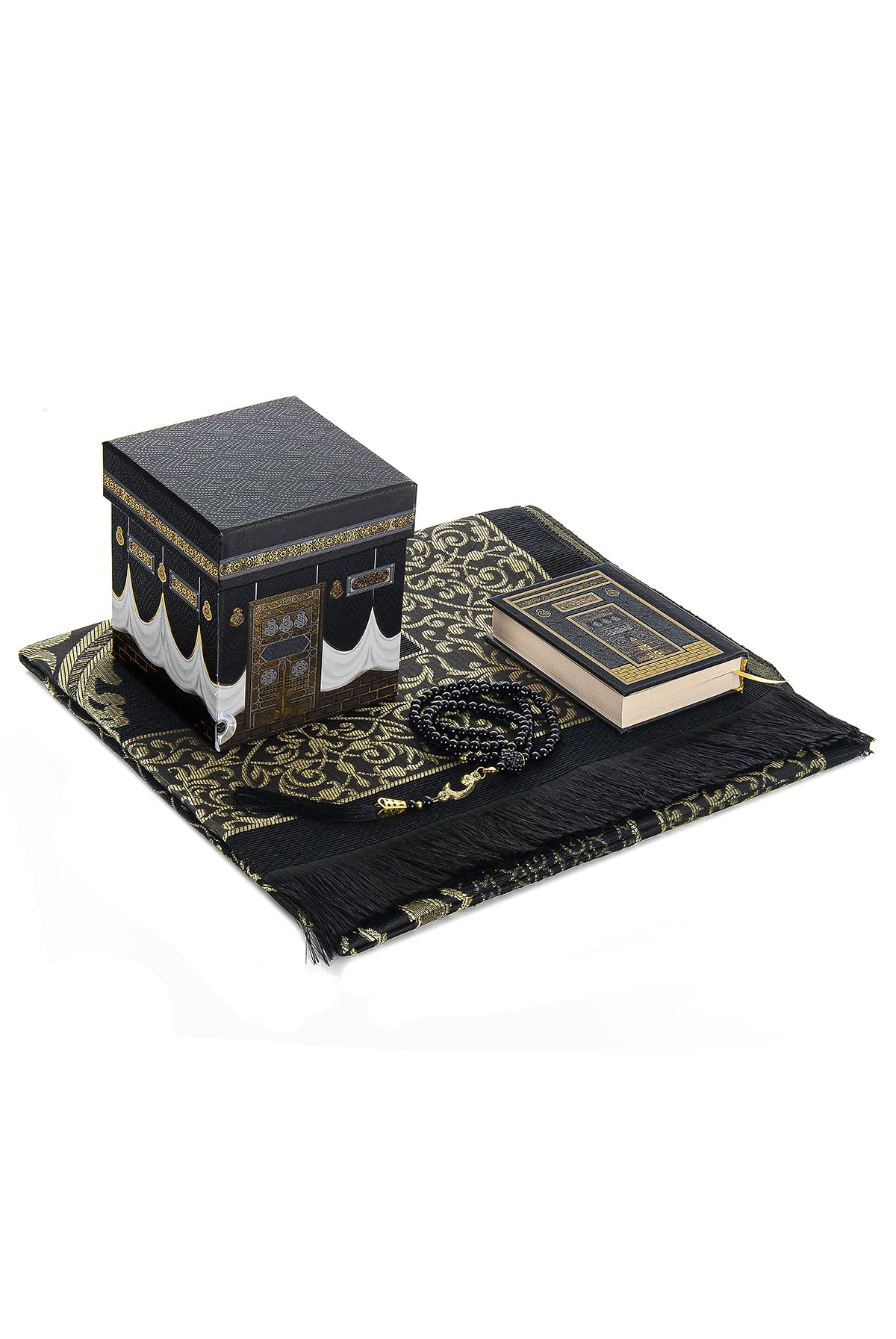 Prayer Mat for Muslims with Kaaba Design Cubic Gift Box - Islamic Salah Mat for Worship, Namaz Rug, Sajadah - Islamic Gifts for Men and Women, Black