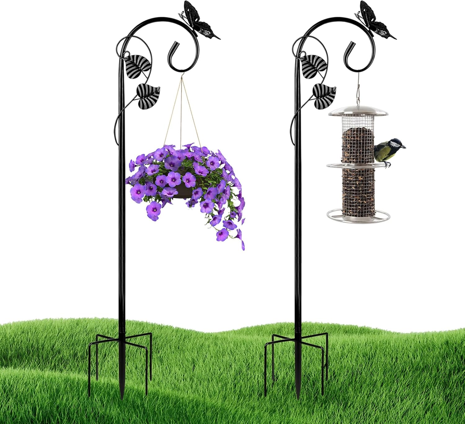 Outdoor Shepherd's Hooks - Art Elf Shepherds Hooks for Outdoor Hummingbird Bird Feeder Pole Hanger 49 Inches with 5 Prongs Base Stainless Metal Adjustable Garden Hanging Holder Weddings Garden Decor Butterfly 2-Pack