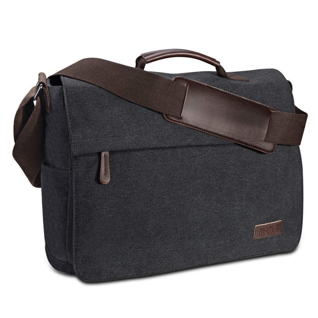 Ruschen Men's Shoulder Bag, Vintage Canvas XXL Bag for 15.6 Inch Laptop, 7 Compartments, Black
