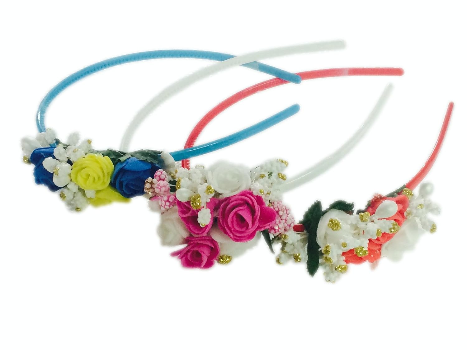 loops n knots plastic crown hairband for girl's (red, blue and pink) - set of 3