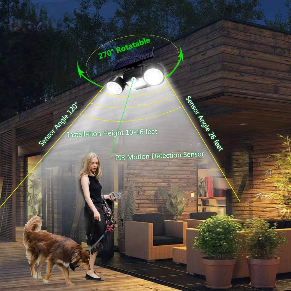 Upgrade Solar Motion Sensor Lights Outdoor, Super Bright LED Lamp IP65 Waterproof 360° Adjustable Solar Powered Wall Light Dual Head Spotlight Flood Security Lights for Yard Garage Patio Porch, 2 Pack - - 