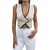 Verdusa Women's Button Up Wrap Sweater Vest Asymmetrical Lightweight V Neck Crop Knit Tops