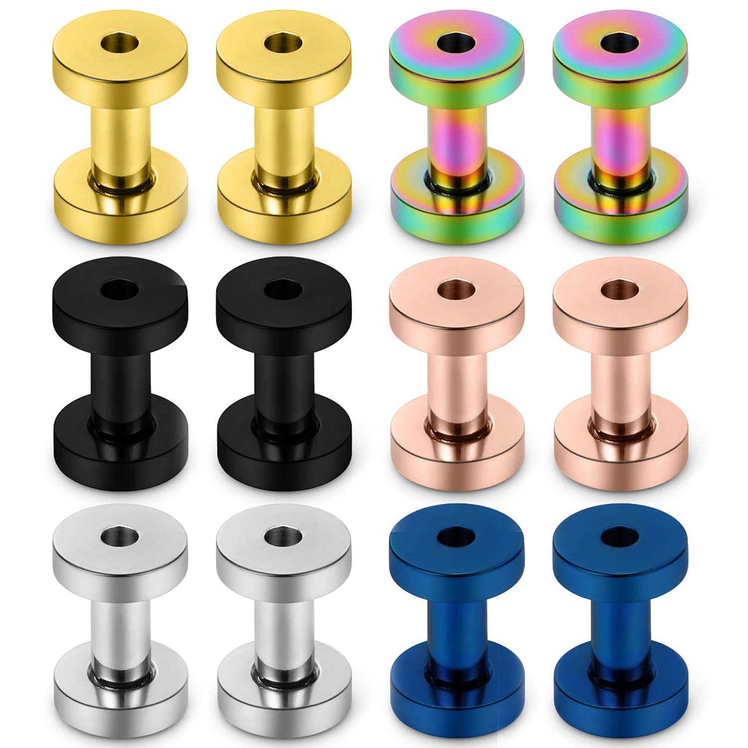 Lcolyoli Kit de medidores de oreja con ajuste de tornillo, aretes expansores de túnel de acero quirúrgico, tapones para el lóbulo de la oreja, joyería para piercing corporal para mujeres y hombres, juego de 12 piezas 8G, plata, oro rosa, negro, azul, arco