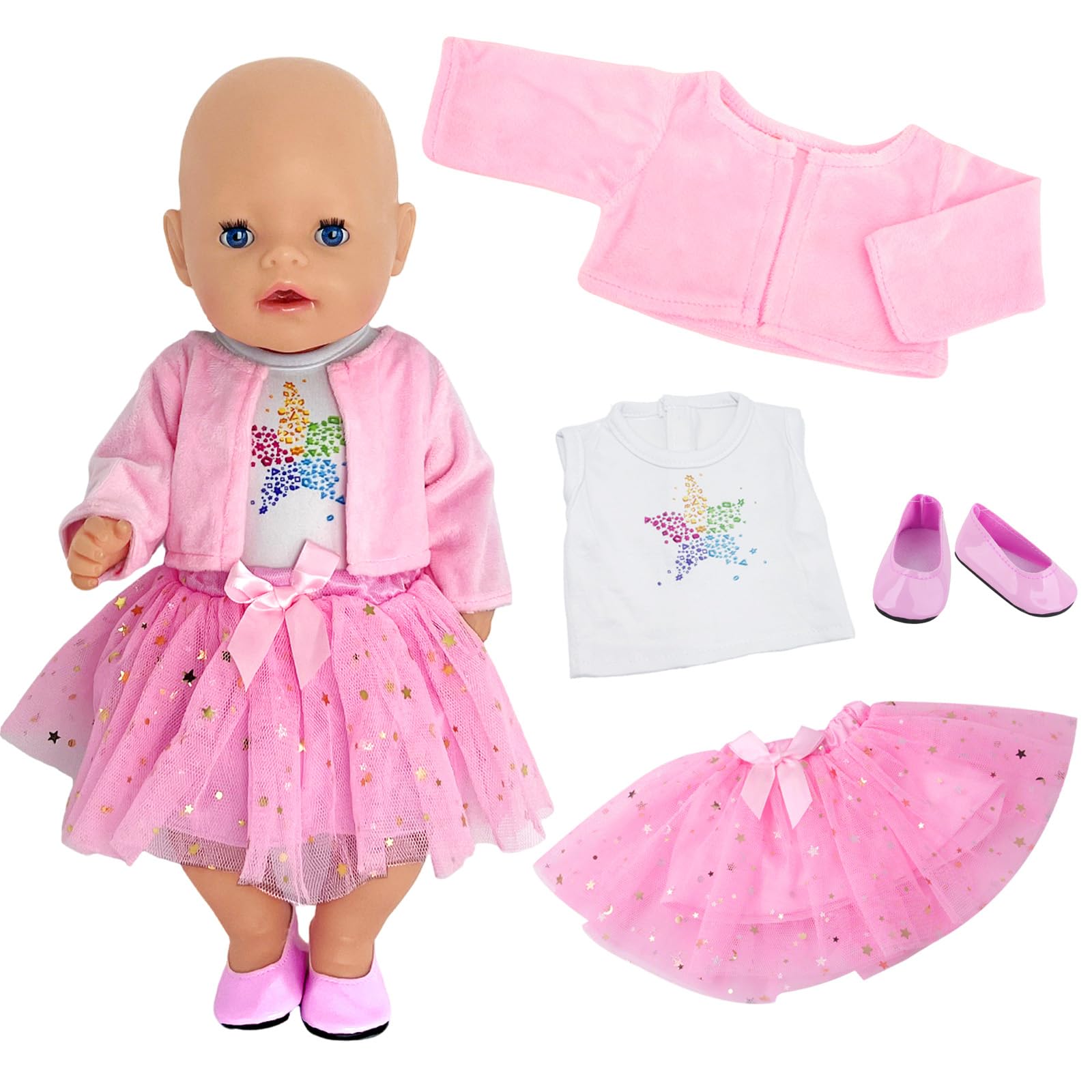 Baby Doll Clothes for 12-18 Inch Doll，4 Pcs Baby Doll Accessories for 30-35cm Dolls with Star Knitted Coat Vest Tutu Skirt Leather Shoes Pink Doll Clothes for Kids Birthday Gift