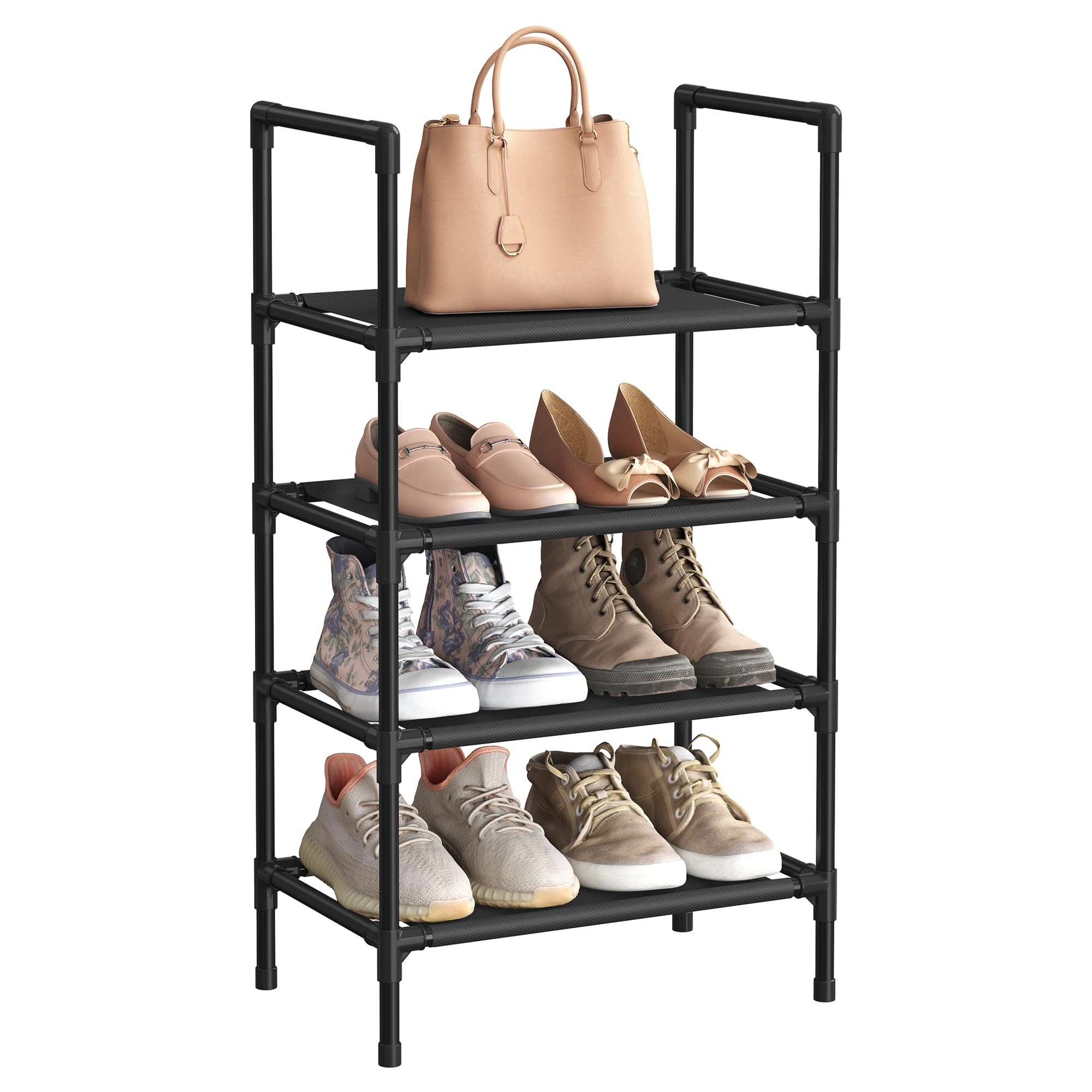 SONGMICS 4-Tier Shoe Rack, Shoe Shelf, Shoe Storage Organiser, Space-Saving, 28 x 45 x 80 cm, Metal Frame, Non-Woven Fabric Shelves, for Hallway, Bedroom, Black LSR004B02