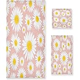 BOESI Pink Daisy Flower 3 Piece Towel Set, Bath Towel Set, Soft and Comfortable, Absorbent, Suitable for Home, Hotel, Beach, Travel, Sports