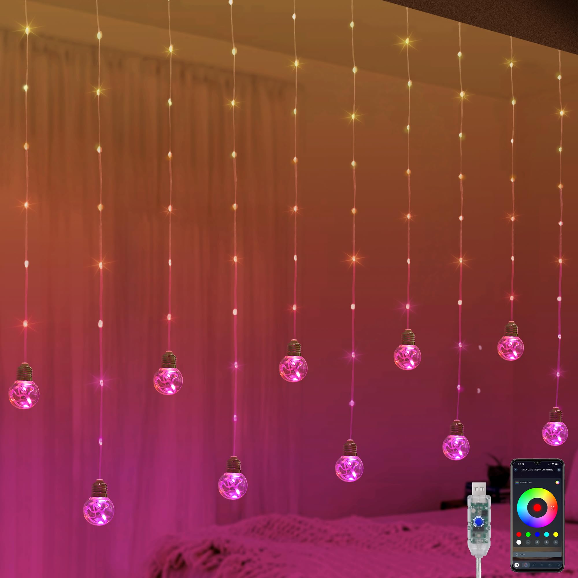 Photo 1 of Color Changing Wishing Ball Curtain Lights, 9.8 x 3.3 FT RGB LED Fairy Light with Remote App Control, Music Sync Window Backdrop Wall Hanging Lights for Bedroom Party Halloween Christmas Decoration
