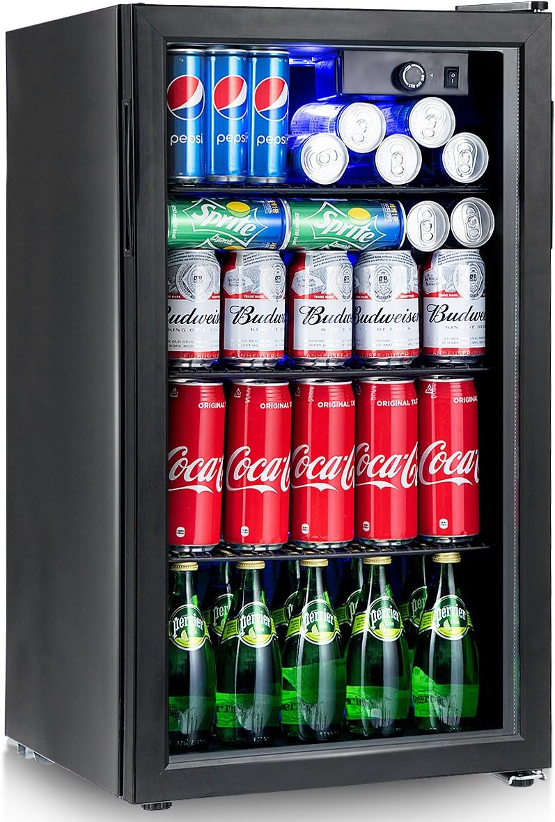 COSTWAY Beverage Refrigerator and Cooler –120 Cans Capacity Mini Drink Fridge with LED Light, Adjustable Thermostat, Glass Door, Removable Shelves for Soda Beer or Wine, Small Drink Dispenser Machine