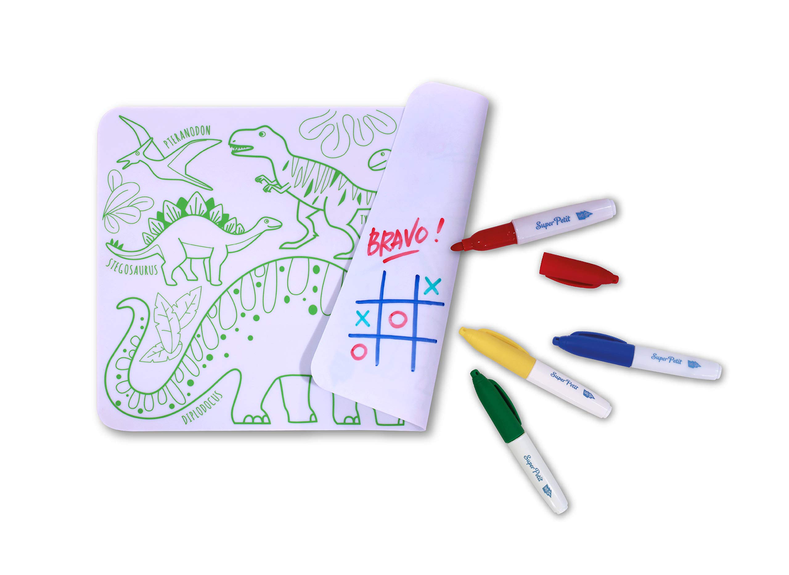 SUPER PETIT - Educational Game - Dino Colouring - Reversible - Comes with 4 erasable Felt tip pens in Different Colours - Easy to Clean - Reusable - Antibacterial - from 3 Years — image 1