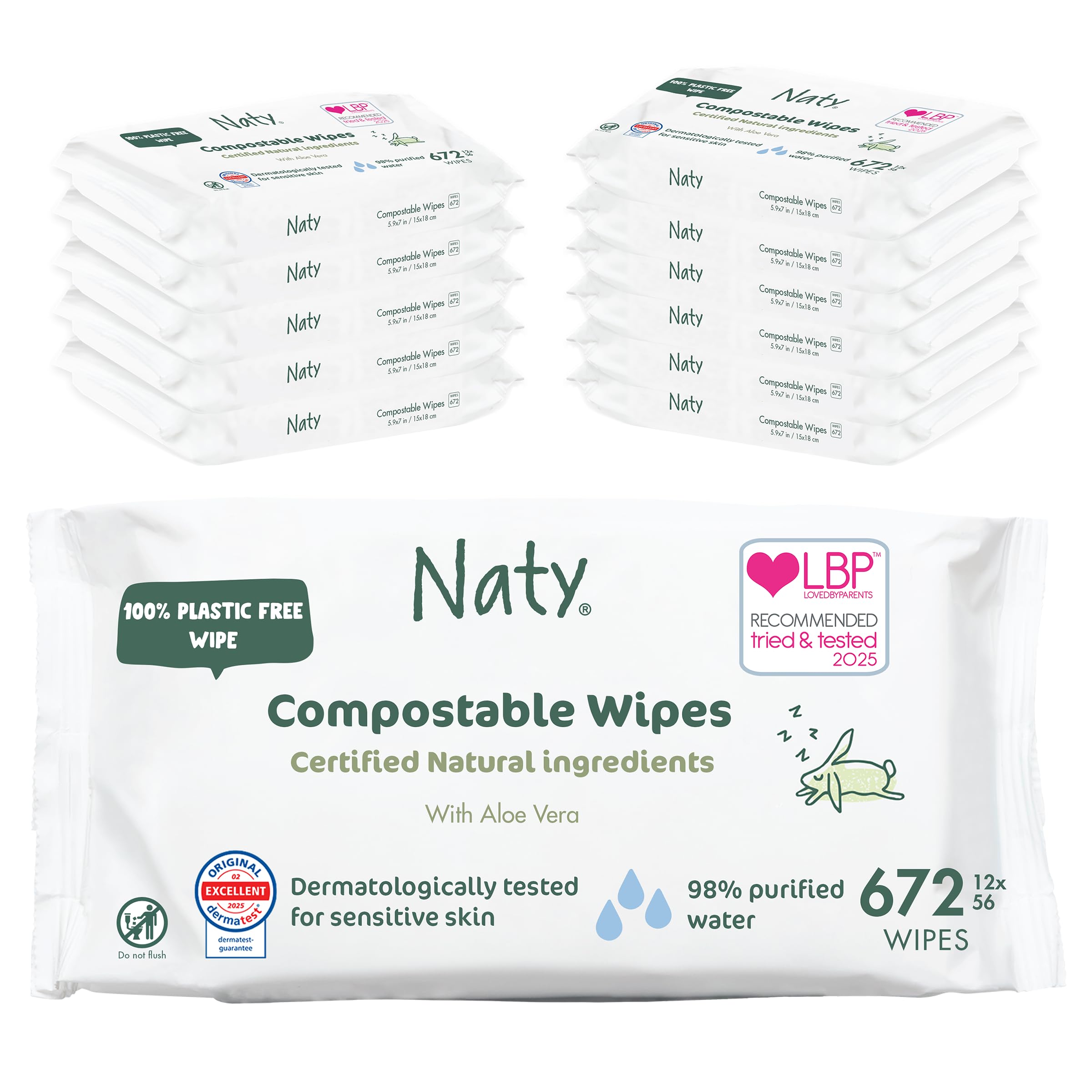 Naty Baby Wipes Aloe | 98% Water, Hypoallergenic & Natural for Sensitive Skin | Unscented, Plant-Based, Fragrance-Free | Plastic-Free & Compostable | Newborn & Toddler Wipes | 672 Count (12 Packs)