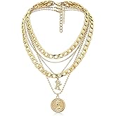 MJartoria Layered Necklaces for Women Trendy Retro Coin Crown Letter Pendant Necklace Dainty Chunky Chain Choker Necklaces for Jewelry Birthday Gifts