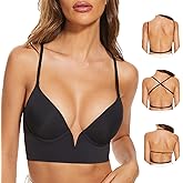 Low Back Bras-Seamless Deep-V Plunge Invisible Backless Bra-Underwire Lightly Lined Halter Multiway Low Cut Bra