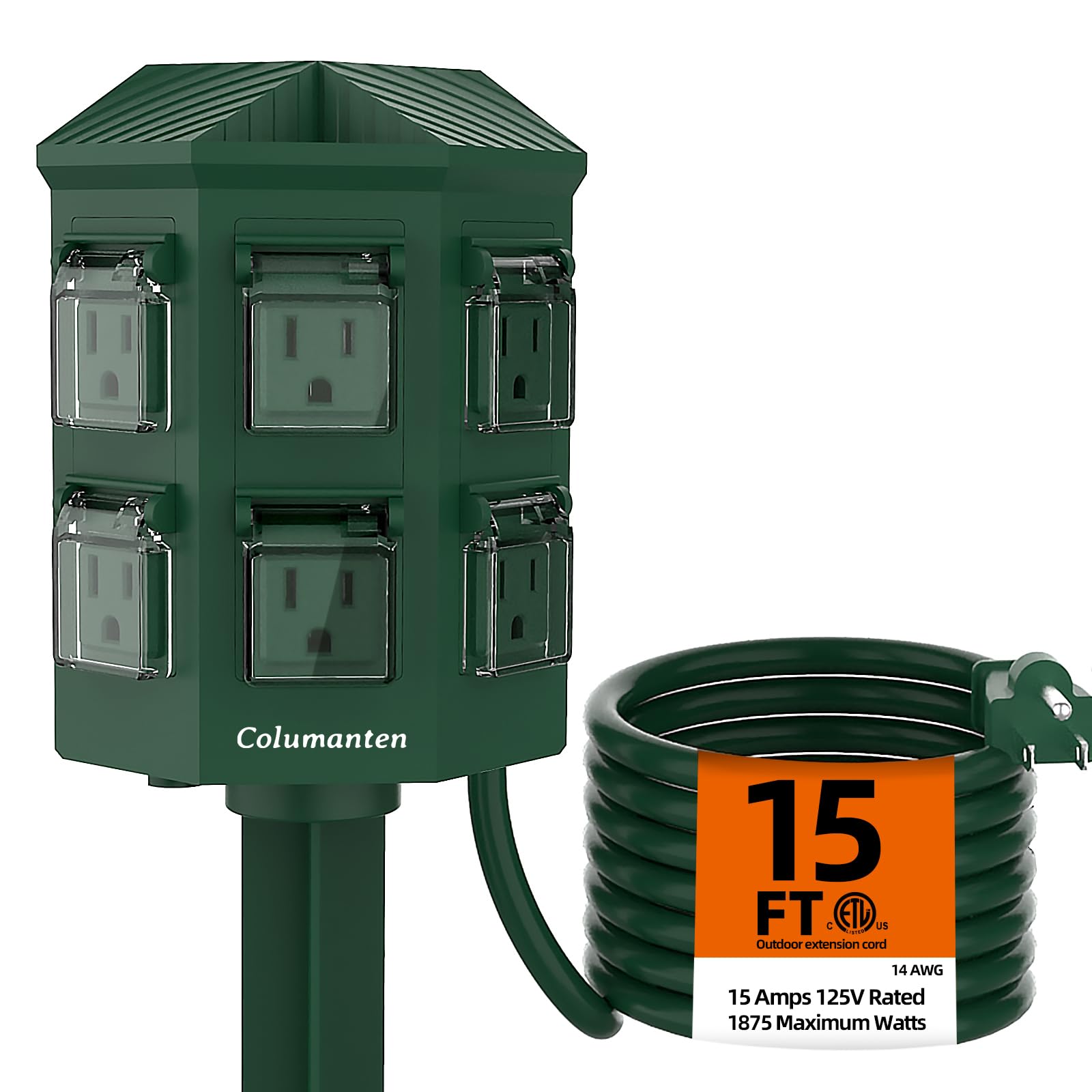 Photo 1 of Outdoor Power Stake with 15ft Extension Cord Waterproof, Outdoor Power Strip with Covers, 6 Grounded Outlets for Christmas Lights, 15A/1875W, ETL Listed