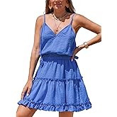 CUPSHE Women's Beach Vacation Summer Dresses Tassel V Neck Somcked Waist Spaghetti Strap Tiered Mini Dress
