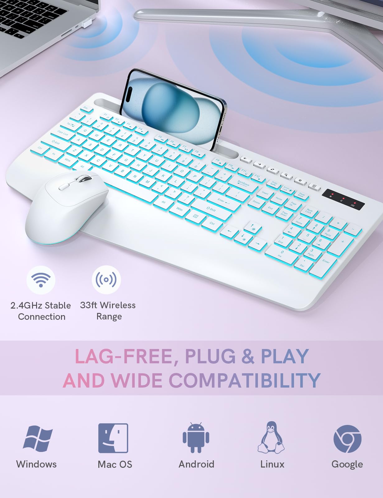 Wireless Keyboard and Mouse Combo with 7 Colored Backlits, Wrist Rest, Rechargeable Ergonomic Keyboard with Phone Holder, Silent Lighted Full Size Combo for Windows, Mac, PC, Laptop-Trueque (White)