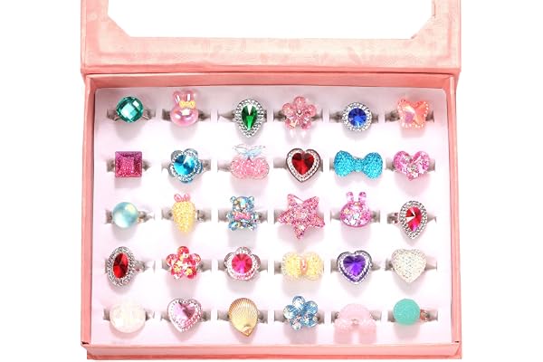 PinkSheep Little Girl Jewel Rings in Box, Adjustable, No Duplication, Girl Pretend Play and Dress Up Rings (36 Jewel Ring)