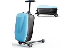 TABU 21" 3-D Hardshell Scooter Suitcase for Kid & Adult, Foldable Carry-on Scooter Luggage for Age 4-15, Multifunctional Ride On Lightweight Luggage with Telescopic Handle, Light Blue