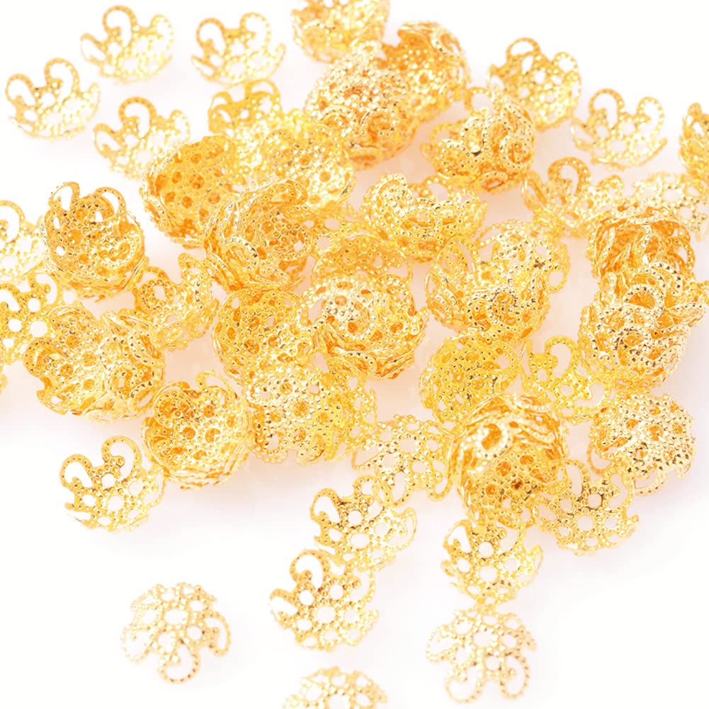 500PCS 11mm Gold Tone 5 Petals Flower Bead Caps Hollow Spacer Bead End Caps for Rosary Necklace Bracelet Earring Jewellery Making (Gold)