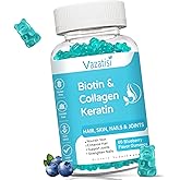 Biotin Gummies with Collagen & Keratin for Hair Skin Nails- Supports Hair Growth and Stronger Nails, Women Men, Kids - 60 Blueberry Flavored Gummies