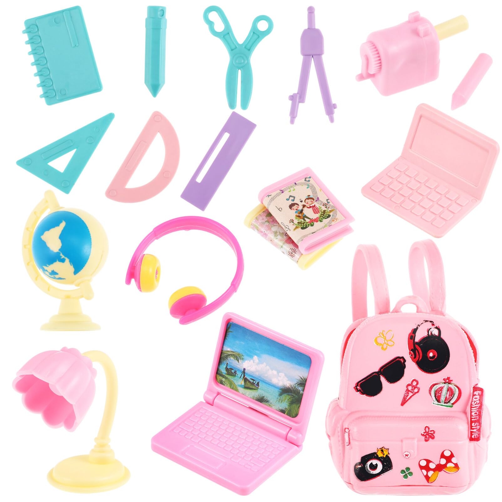 Toyvian 18 Pcs Doll School Supplies 1:12 Scale Doll Accessories Mini house Accessories Include 18 Kind of Miniature School Supplies For Girls Playset Bag Laptop Tablet Headset