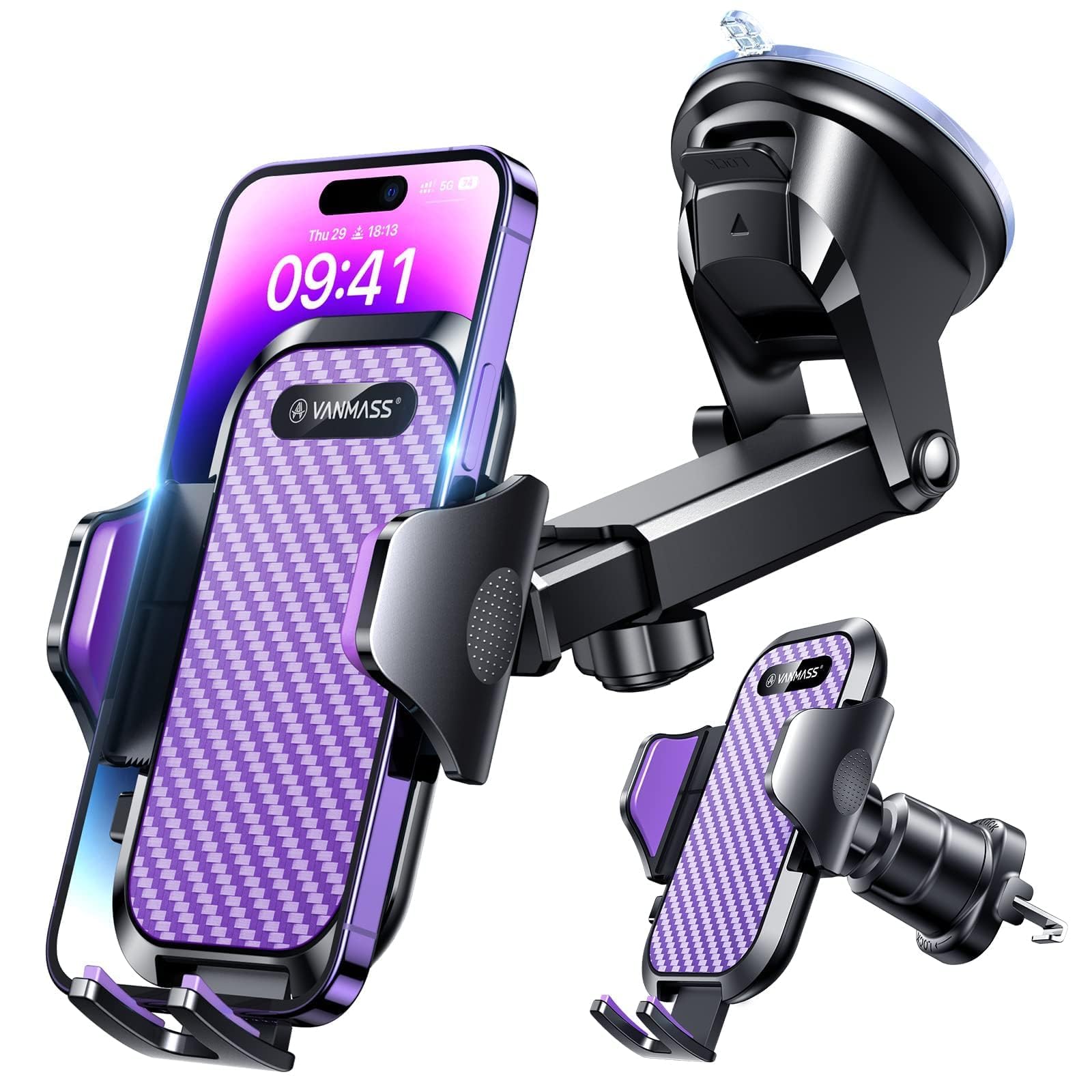 VANMASS BEST Car Phone Holder [Upgraded Suction & Clip] Rotatable Universal Mobile Phone Mount Dashboard Windscreen Vent Cradle Van Automobile Accessories for iPhone 15 Pro Max 14 13 12 8,Purple
