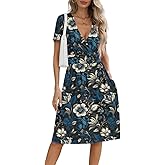 NILOUFO Women's Summer Casual Dress Short Sleeve Wrap V Neck Midi Dresses with Pockets