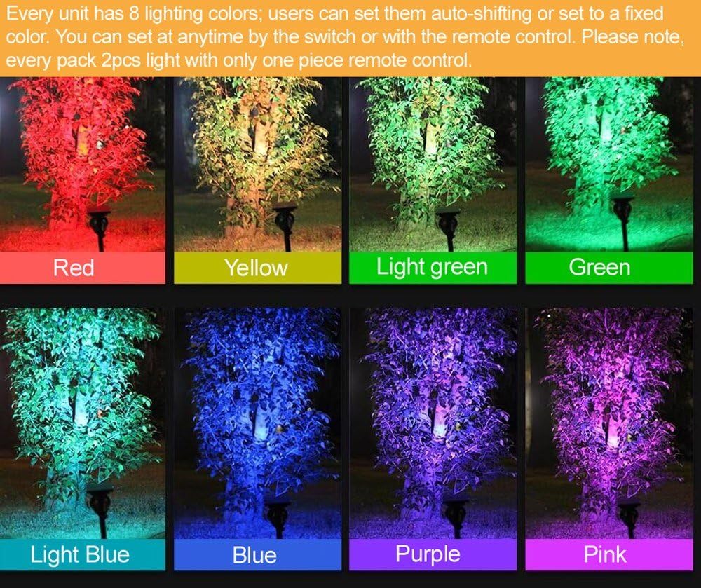 Itscool Solar Spotlights Outdoor Colored Landscape Lights 9 Colors Include White Auto Changing Or Fixed Single Color With Remote Control For Garden Waterproof Auto On Off Pack Of 2 Amazon Com