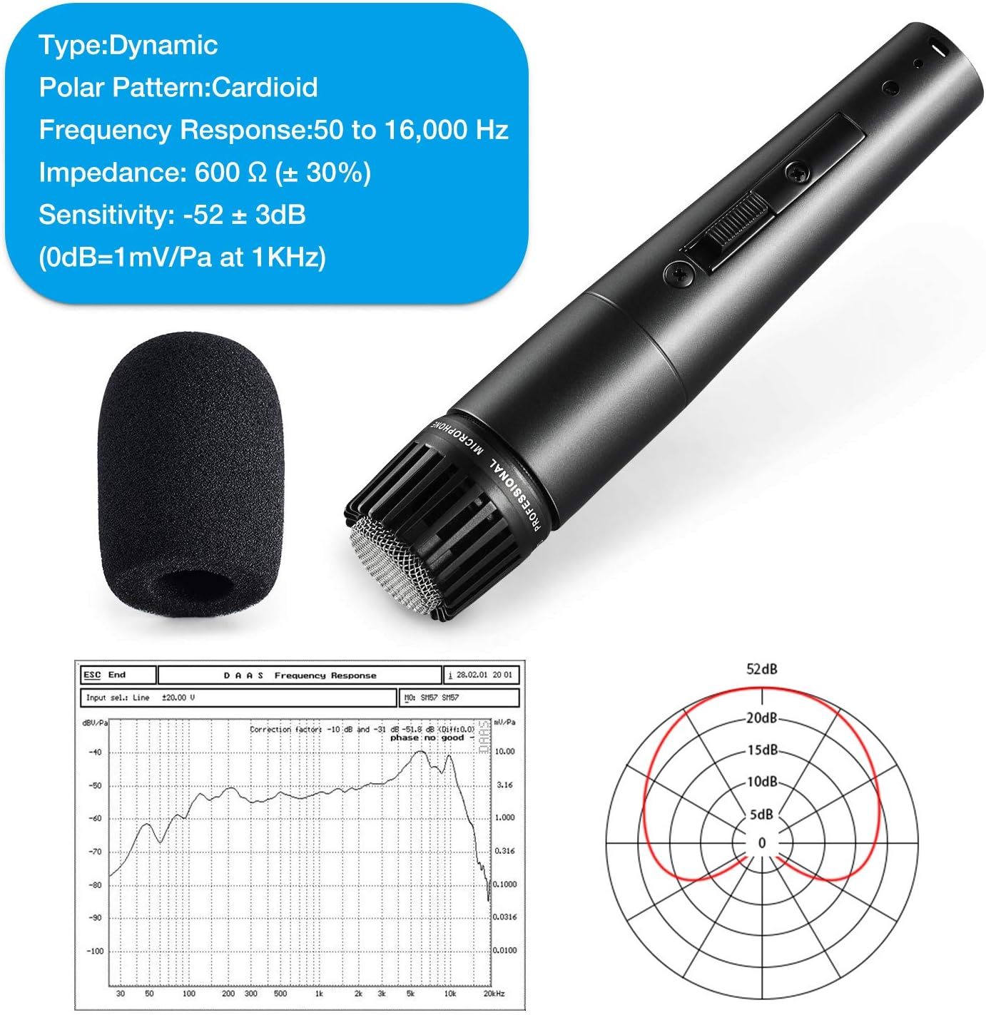 Moukey Instrument Vocal Microphone Dynamic Cardioid Wired Mic Metal Handheld, 16.4 ft XLR Cord for Guitar/Drum/Bass/Harmonica/Karaoke/Stage with Switch (MWm-4): Home Audio & Theater