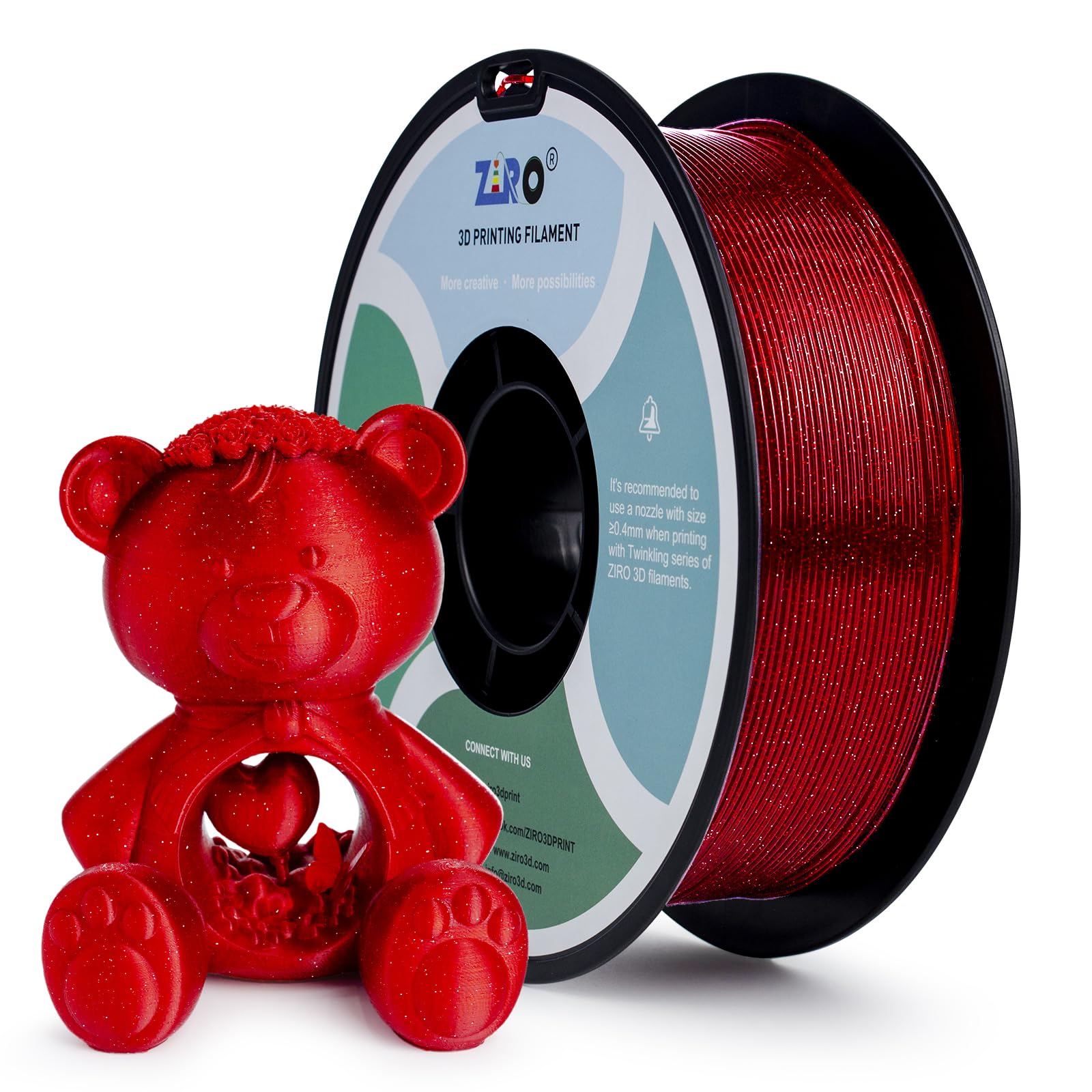 ZIRO PLA Glitter Filament 1.75mm 3D Printer Filament PLA 1.75mm Twinkling Color Series 1kg (2.2lbs), Dimensional Accuracy +/- 0.03mm, Twinkling Red