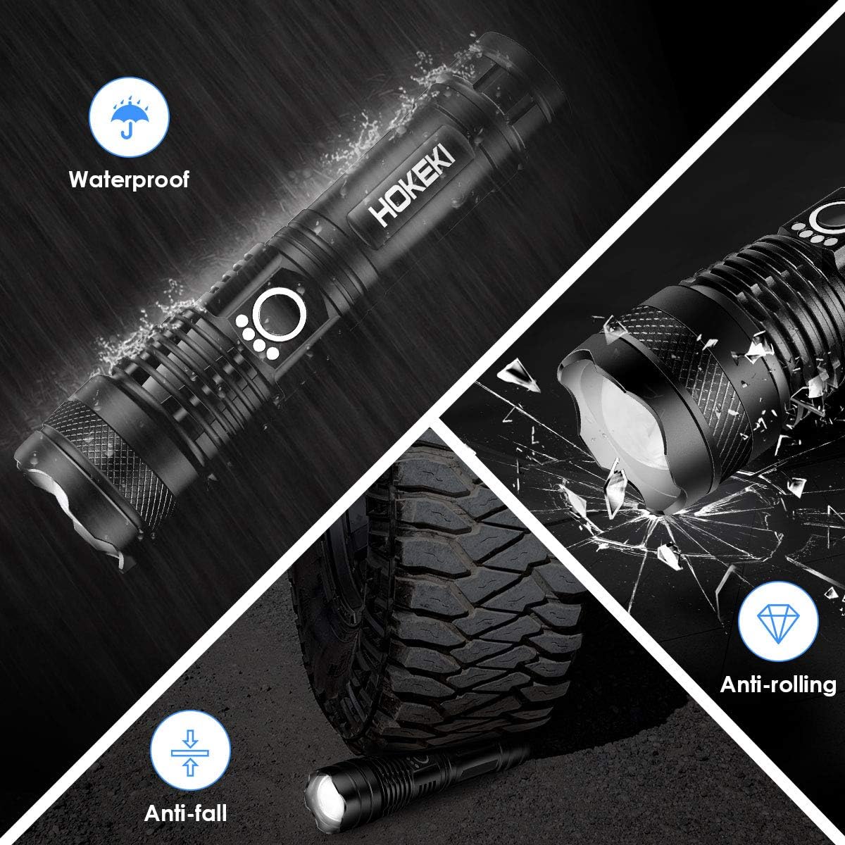 LED Tactical Flashlight, HOKEKI Emergency FlashlightsS1000 - High Lumen, Portable Outdoor Waterproof Handheld Light, USB Rechargeable, 5 Light Modes, Zoomable, Suitable For Camping, Hiking, Gift - - 