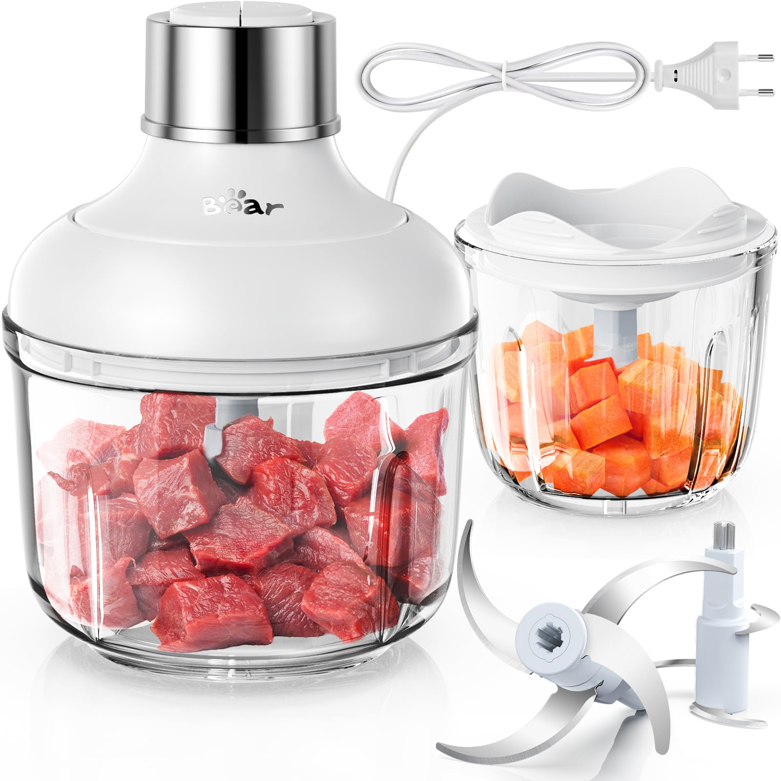 Bear 0.6L+2L Zerkleinerer Glas, 2 Geschwindigkeitsstufen, Häcksler mit 4-Edelstahlklingen und Fleischwolf, Glasbehälter Zerkleinerer für Fleisch,Babynahrung,Obst,Gemüse,Elektrisch Mini chopper