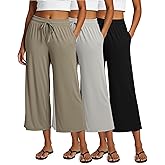 Real Essentials 3 Pack: Women's Ultra-Soft Wide Leg Loose Capri Open Bottom Pants - Yoga Lounge Pockets(Available in Plus)
