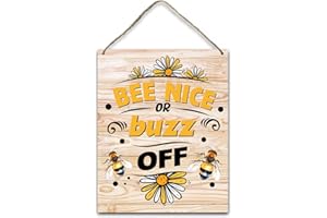 LWBEO Bee Nice or Buzz Off Hanging Plaque With Rope, Farmhouse Bee Decor Spring Summer Gift Home Wall Decor Wood Sign, Door Decor Wood Hang Sign for Kitchen Study Dining Room Bedroom -29