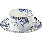 fanquare 6 oz Blue Floral Bone China Tea Cup with Saucer, Hand Print Procelain Cups for Tea Party, British Coffee Cup and Saucer