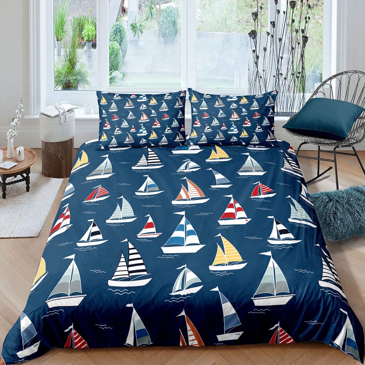 Sailboat Duvet Cover Nautical Theme Decor Bedding Set Cartoon Boat Pattern Boys Teen Girls Comforter Cover Set with Zipper Ties Soft Microfiber Bedding,1 Duvet Cover with 1 Pillow Case,Single Size — image 1