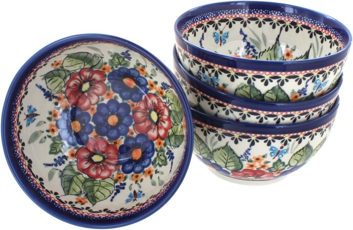 Blue Rose Polish Pottery Floral Butterfly 4 Piece Dessert Bowl Set