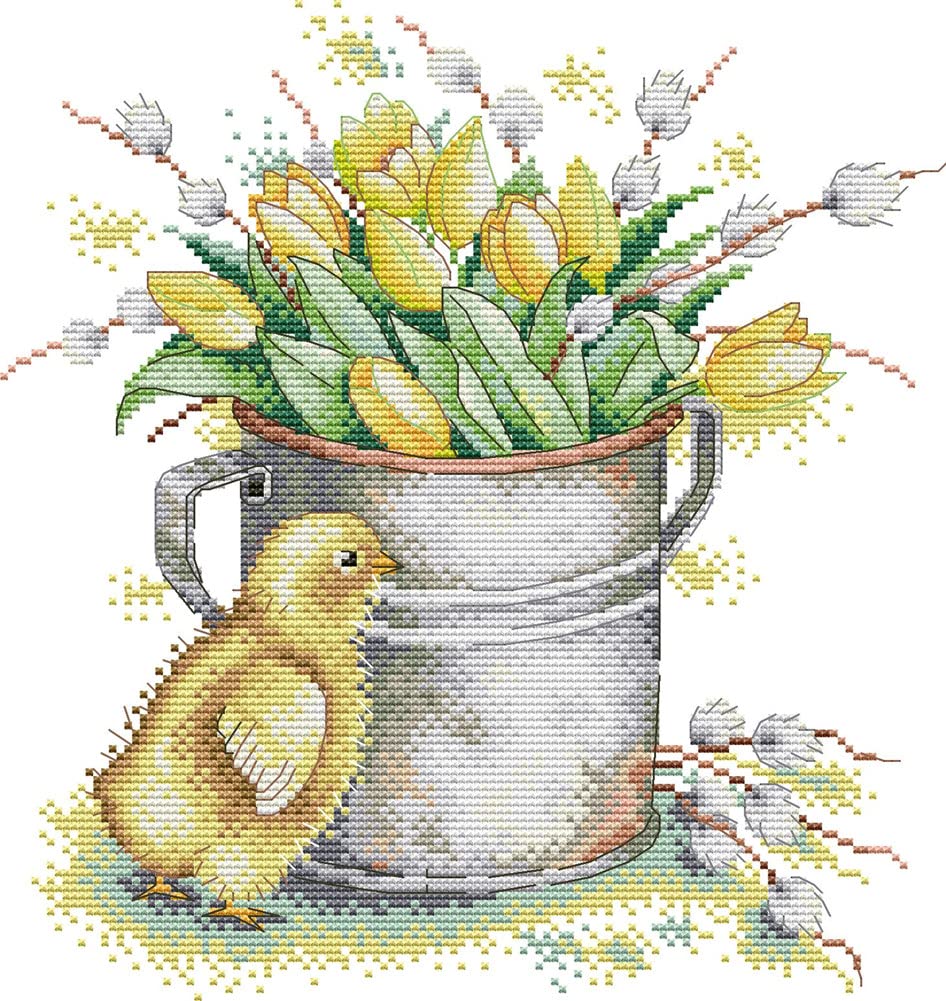 Awesocrafts Cross Stitch Stamped Kits Yellow Tulips and Chicks Easy Patterns Cross Stitching Embroidery Needlework Kit Supplies (Chicks)
