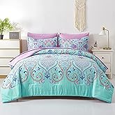 DHSFKBE Twin Comforter Set, 5 Piece Bed in a Bag, Boho Aqua and Lilac Damask Medallion Print Comforter with Sheets, Soft Microfiber Complete Bedding Set for All Season (Aqua, Twin)