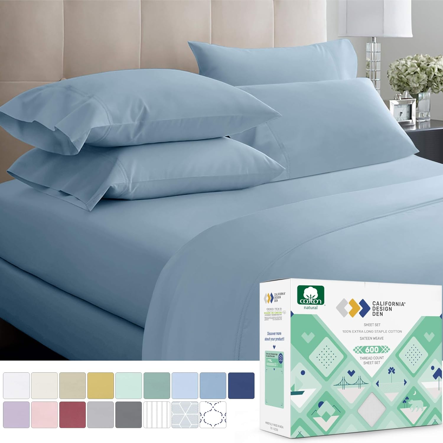 600-Thread-Count Best 100% Cotton Bed Sheet Set - Ivory Extra Long-staple Cotton Queen Sheet For Bed, Fits Mattress 16'' Deep Pocket, Breathable & Sateen Weave 4-Piece Sheets and Pillowcases Set: Home & Kitchen