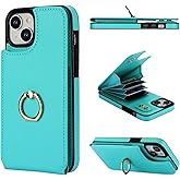 Folosu Compatible with iPhone 15 Plus Case Wallet with Card Holder, 360°Rotation Finger Ring Holder Kickstand, RFID Blocking Leather Protective Double Buttons Shockproof Cover 6.7 Inch Green