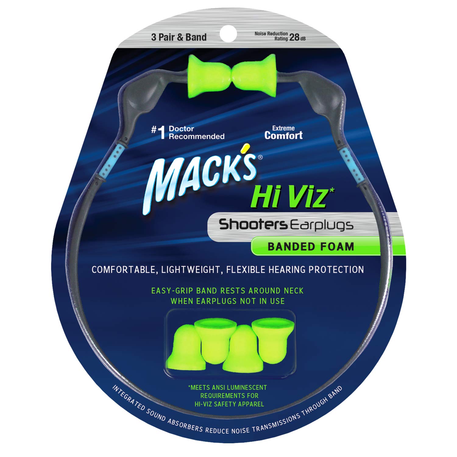 Mack's Hi Viz Banded Foam Shooting Earplugs, 3 Pair with Band - Most Visible Color, Easy Compliance Checks, 28dB High NRR - Comfortable, Safe Ear Plugs for Hunting, Tactical, Target, Skeet and Trap