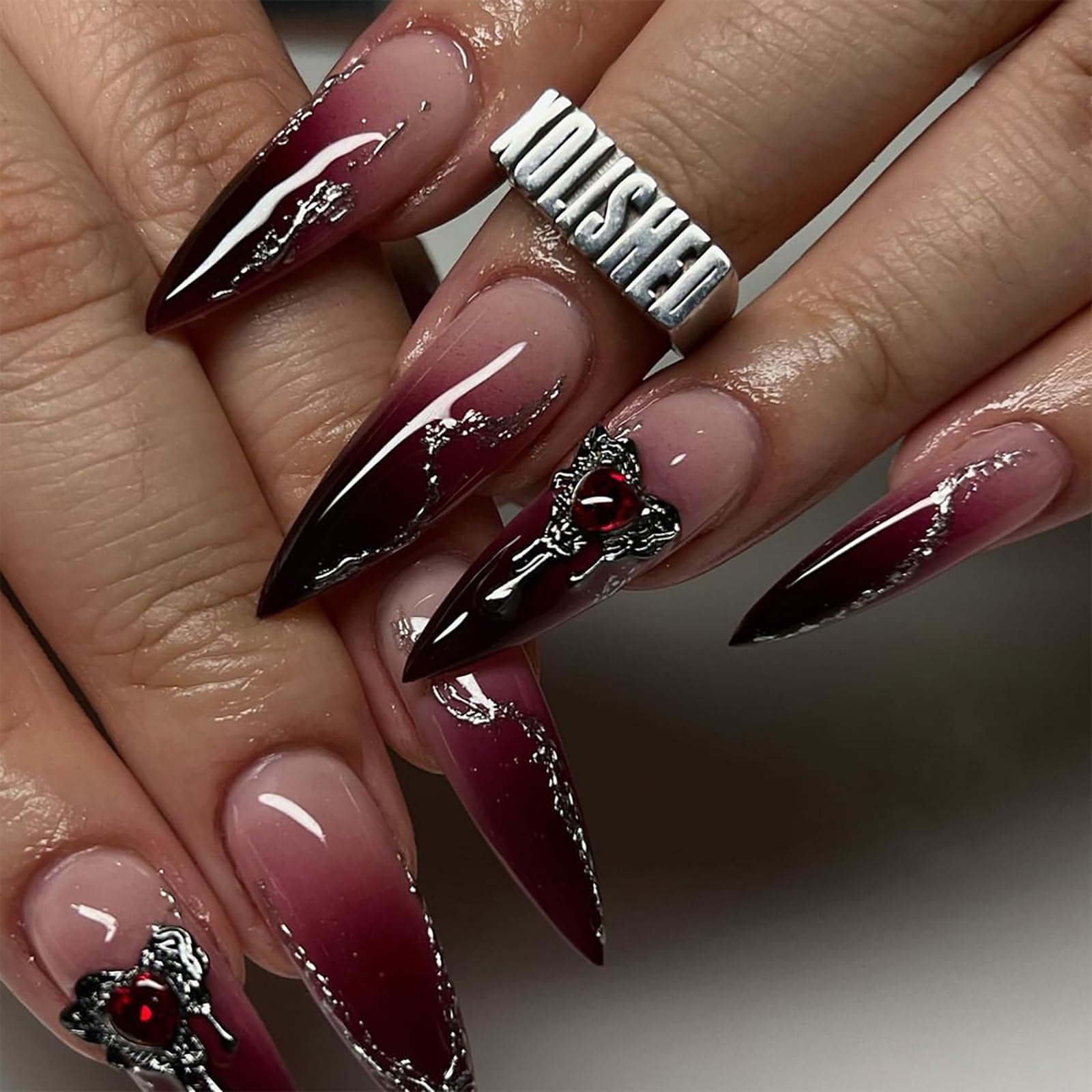 24 Pcs Dark Red Press on Nails Long Almond Fake Nails with Glitter Rhinestones Design Reusable False Nails Kit Acrylic Nails Press ons Artificial Stiletto Nails Full Cover Stick on Nails for Women