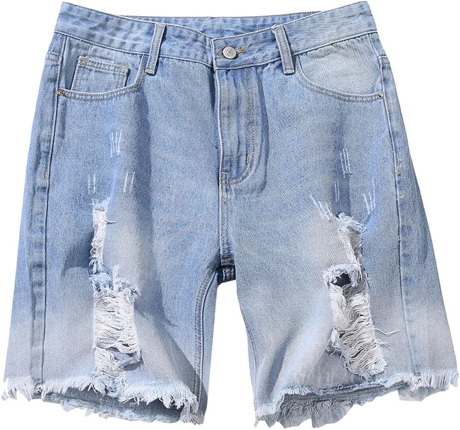 HZCX FASHION Men's Lightweight Summer Straight Blue Ripped Holes Denim Shorts